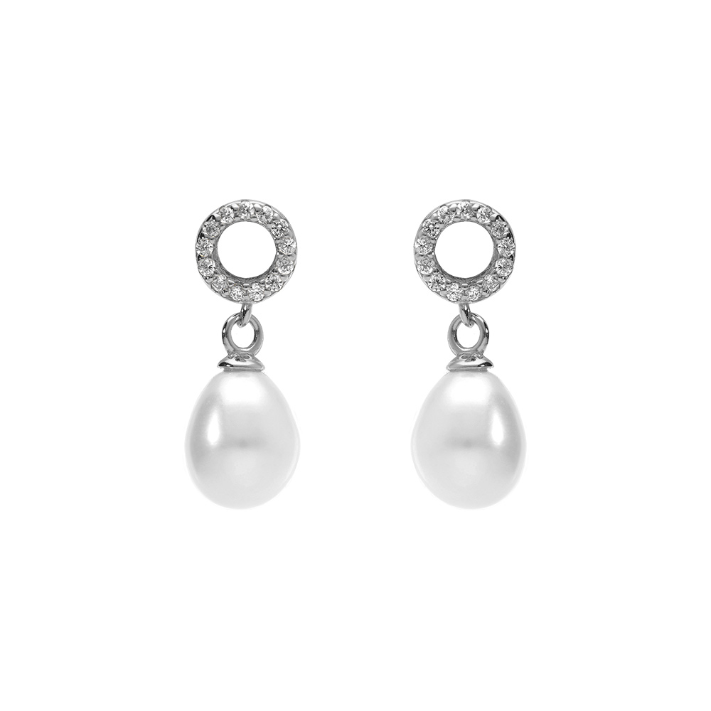 Boucles d\'oreille tige en argent rhodi� cercle oxydes blancs sertis et perle blanche imitation pendante - Vue 1
