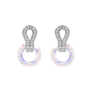 Boucles d\'oreille tige en argent rhodié cercle verre faceté blanc et goutte ornée d\'oxydes blancs sertis - Vue 1