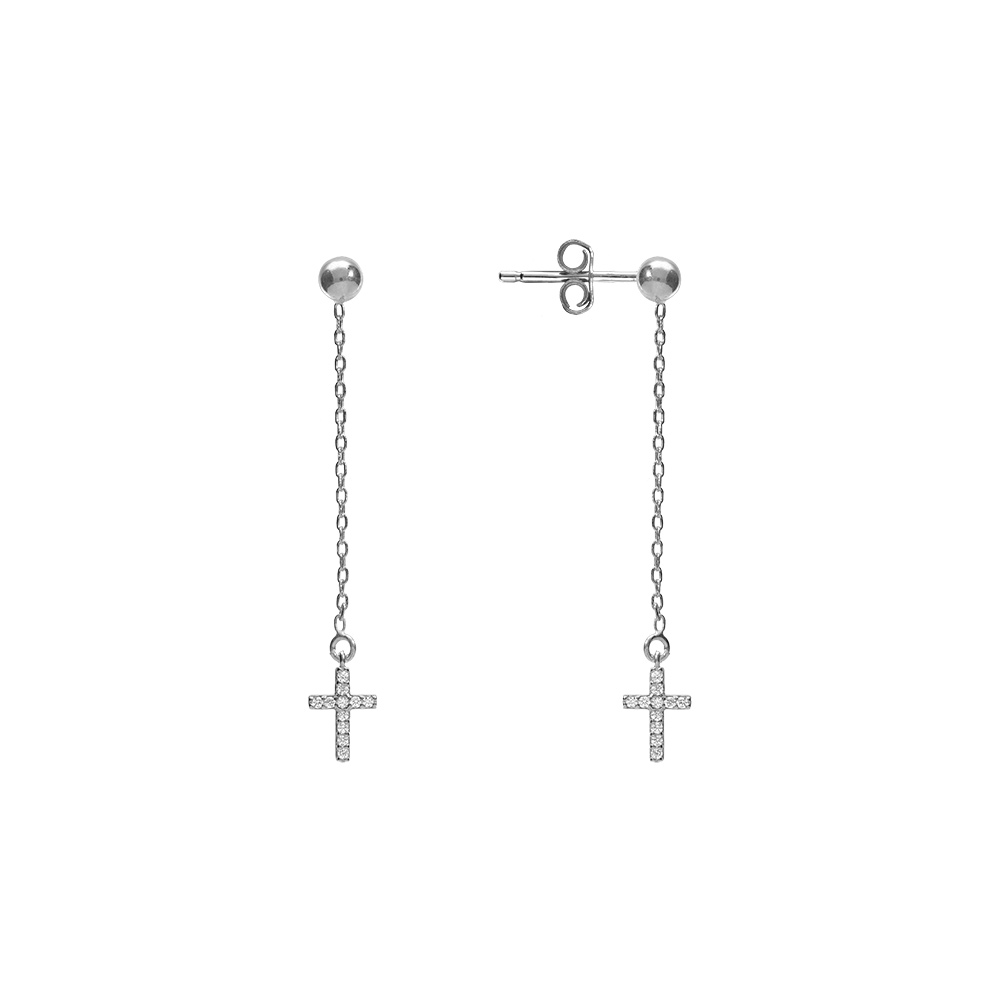 Boucles d\'oreille tige en argent rhodi� cha�nette et croix avec oxydes blancs - Vue 1