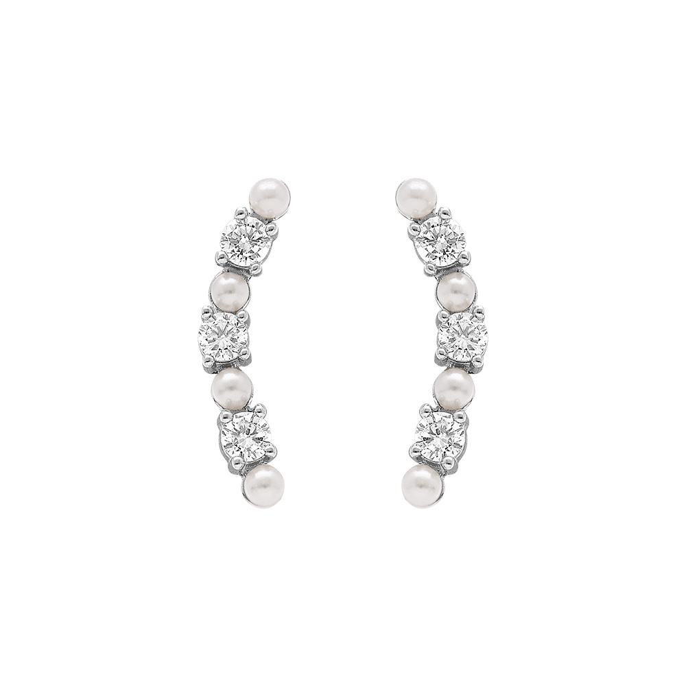 Boucles d\'oreille tige en argent rhodi� cinq oxydes blancs sertis et deux perles bllanche imitation - Vue 1