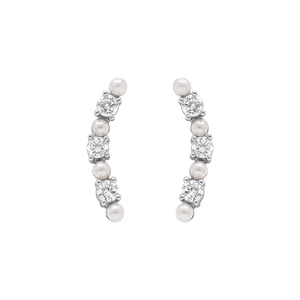 Boucles d\'oreille tige en argent rhodié cinq oxydes blancs sertis et deux perles bllanche imitation - Vue 1