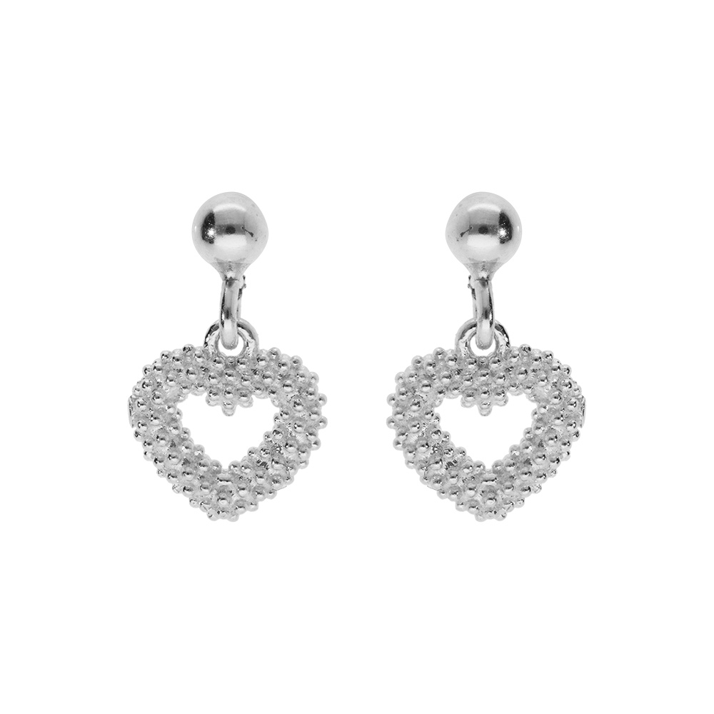 Boucles d\'oreille tige en argent rhodi� claire pendantes, coeur �vid� perl� - Vue 1