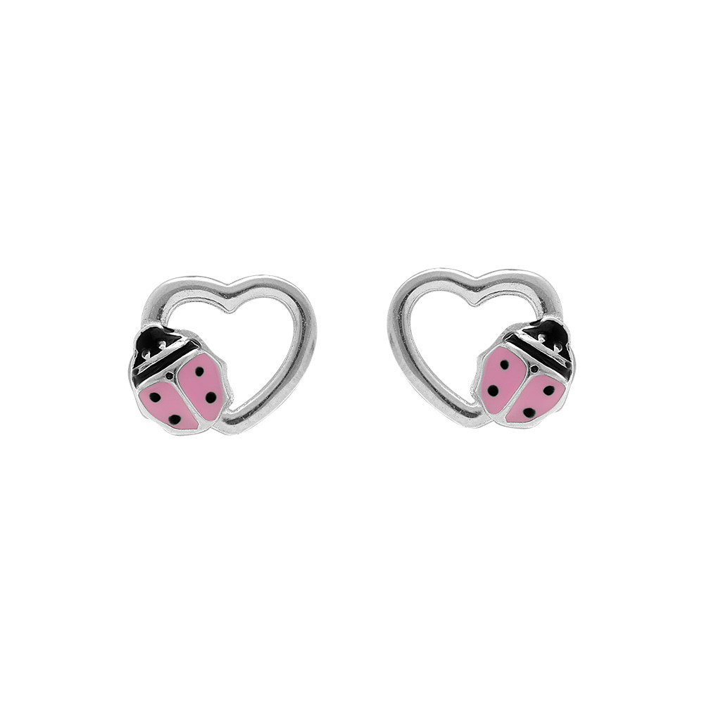 Boucles d\'oreille tige en argent rhodi� coeur avec coccinelle rose - Vue 1