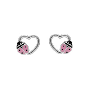 Boucles d\'oreille tige en argent rhodié coeur avec coccinelle rose - Vue 1