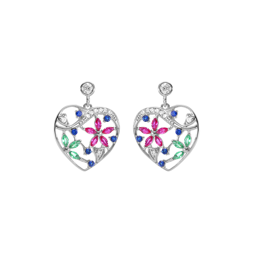 Boucles d\'oreille tige en argent rhodi� coeur avec fleurs d\'oxydes multi couleurs - Vue 1