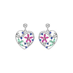 Boucles d\'oreille tige en argent rhodié coeur avec fleurs d\'oxydes multi couleurs - Vue 1