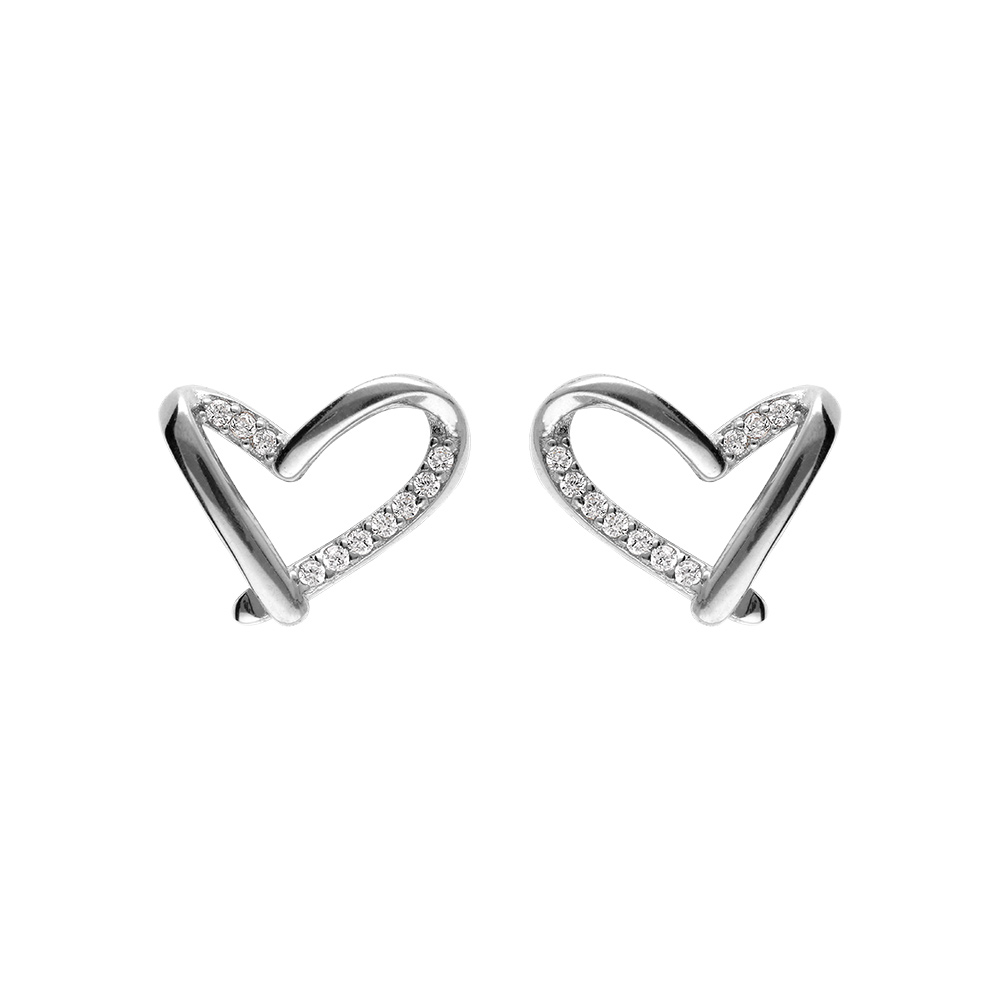 Boucles d\'oreille tige en argent rhodi� coeur avec oxydes blancs sertis - Vue 1