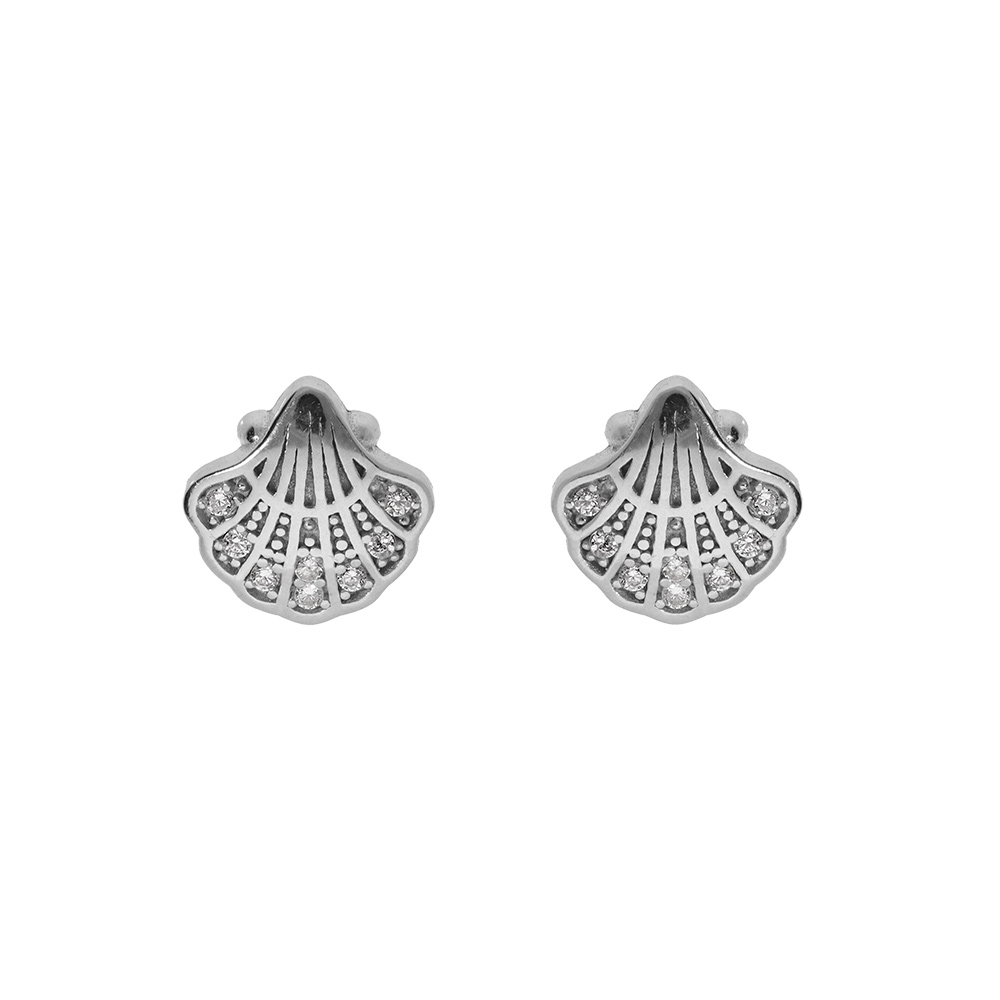 Boucles d\'oreille tige en argent rhodi�, coquille Saint-Jacques de Compostelle oxydes blancs sertis - Vue 1