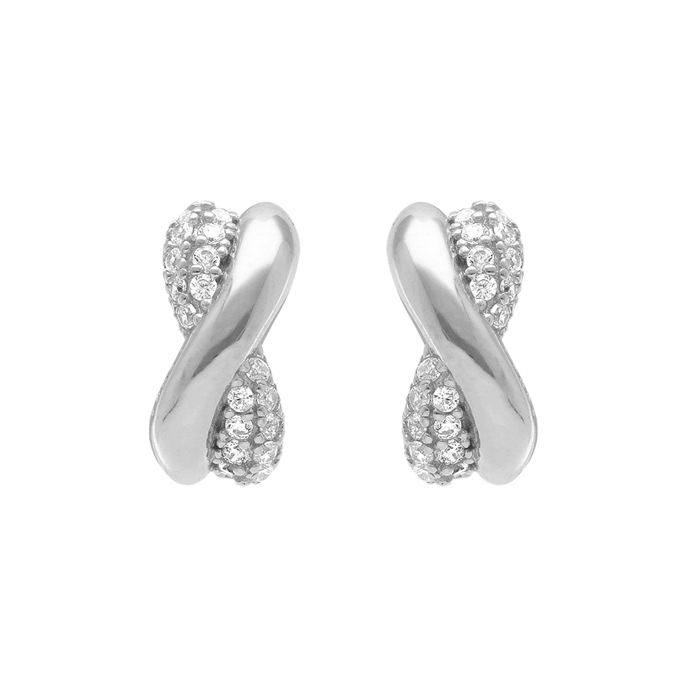 Boucles d\'oreille tige en argent rhodi� crois�es avec oxydes blancs sertis - Vue 1