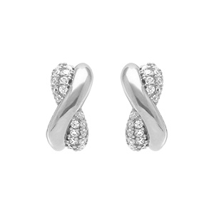 Boucles d'oreille tige en argent rhodi� crois�es avec oxydes blancs sertis
