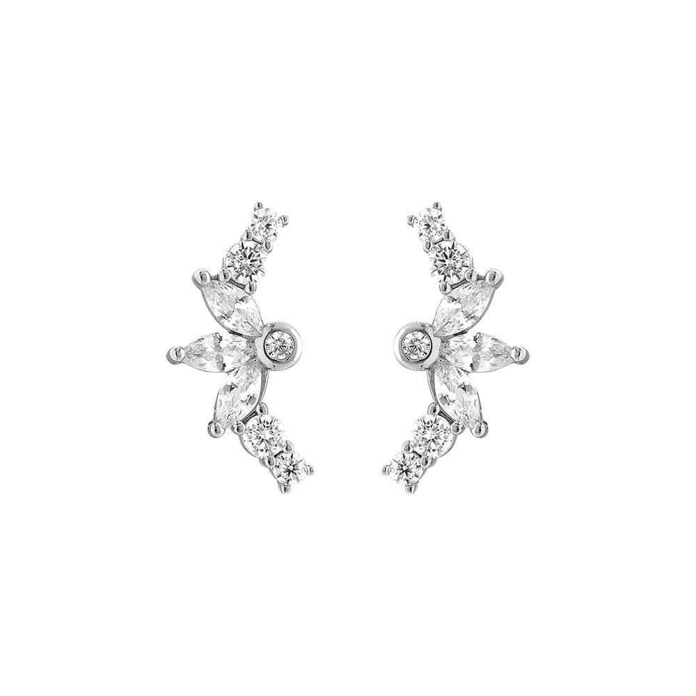 Boucles d\'oreille tige en argent rhodi� demi-fleur avec oxydes blancs sertis - Vue 1