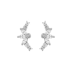 Boucles d\'oreille tige en argent rhodié demi-fleur avec oxydes blancs sertis - Vue 1