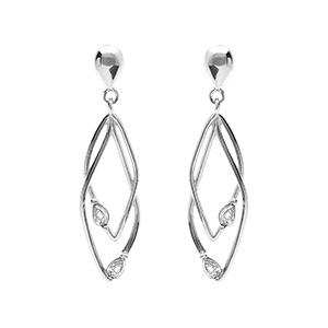 Boucles d'oreille tige en argent rhodi� deux  losanges entrelac�s avec oxydes blancs sertis