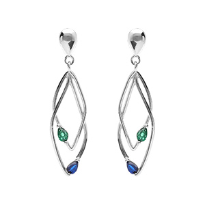 Boucles d'oreille tige en argent rhodi� deux  losanges entrelac�s avec oxydes bleu et vert serti