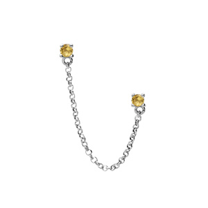 Boucles d\'oreille tige en argent rhodié double avec chaînette deux oxydes jaune sertis (2 trous) - Vue 1