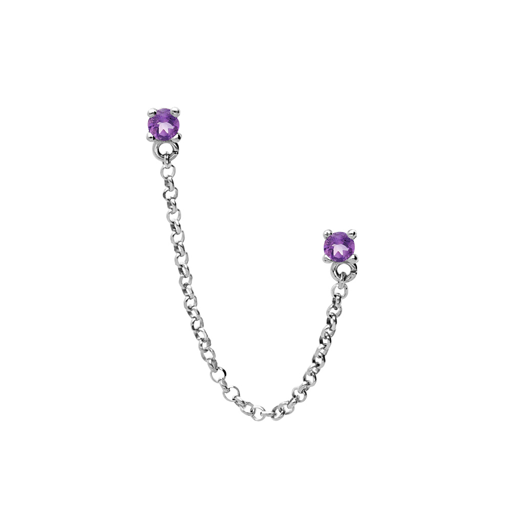 Boucles d\'oreille tige en argent rhodi� double avec cha�nette deux oxydes violet sertis (2 trous) - Vue 1