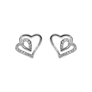 Boucles d\'oreille tige en argent rhodi double coeur 10mm contour oxydes blancs - Vue 1