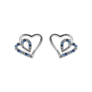 Boucles d\'oreille tige en argent rhodi double coeur 10mm contour oxydes bleus et blancs - Vue 1