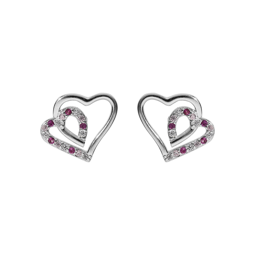 Boucles d\'oreille tige en argent rhodi� double coeur 10mm contour oxydes rose et blancs - Vue 1