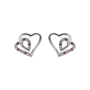 Boucles d\'oreille tige en argent rhodi double coeur 10mm contour oxydes rose et blancs - Vue 1