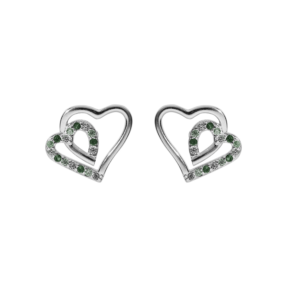 Boucles d\'oreille tige en argent rhodi� double coeur 10mm contour oxydes verts et blancs - Vue 1