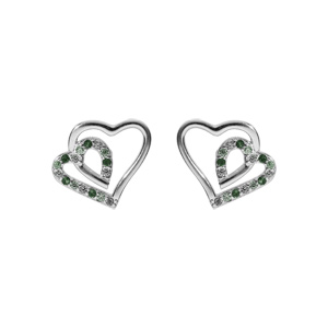 Boucles d\'oreille tige en argent rhodi double coeur 10mm contour oxydes verts et blancs - Vue 1