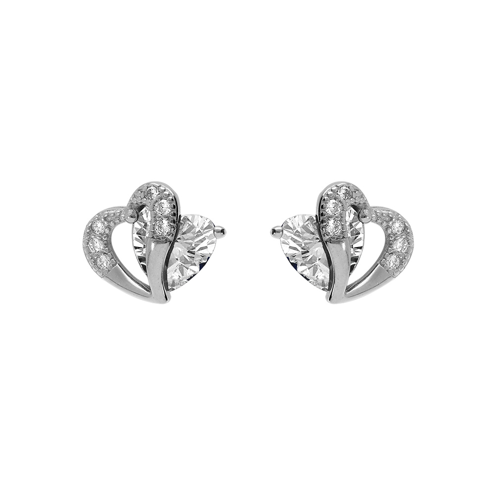 Boucles d\'oreille tige en argent rhodi� double coeur oxyde blancs - Vue 1