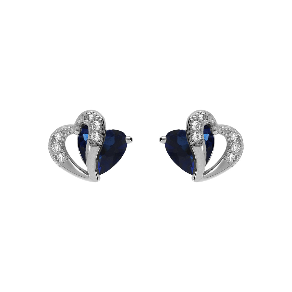 Boucles d\'oreille tige en argent rhodi� double coeur oxyde bleu et blancs - Vue 1