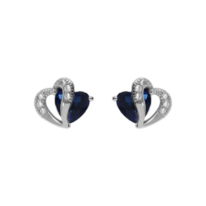 Boucles d\'oreille tige en argent rhodié double coeur oxyde bleu et blancs - Vue 1