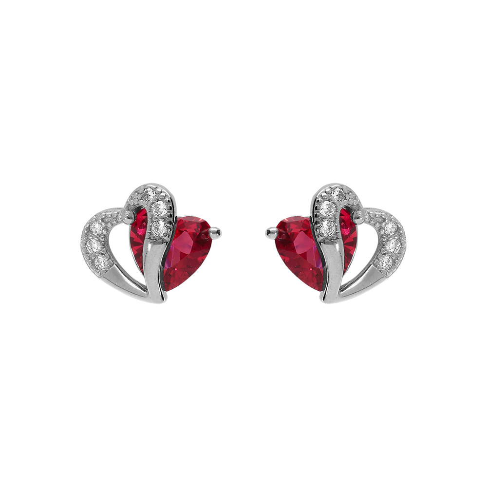 Boucles d\'oreille tige en argent rhodi� double coeur oxyde rouge et blancs - Vue 1