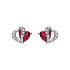 Boucles d\'oreille tige en argent rhodié double coeur oxyde rouge et blancs - Vue 1