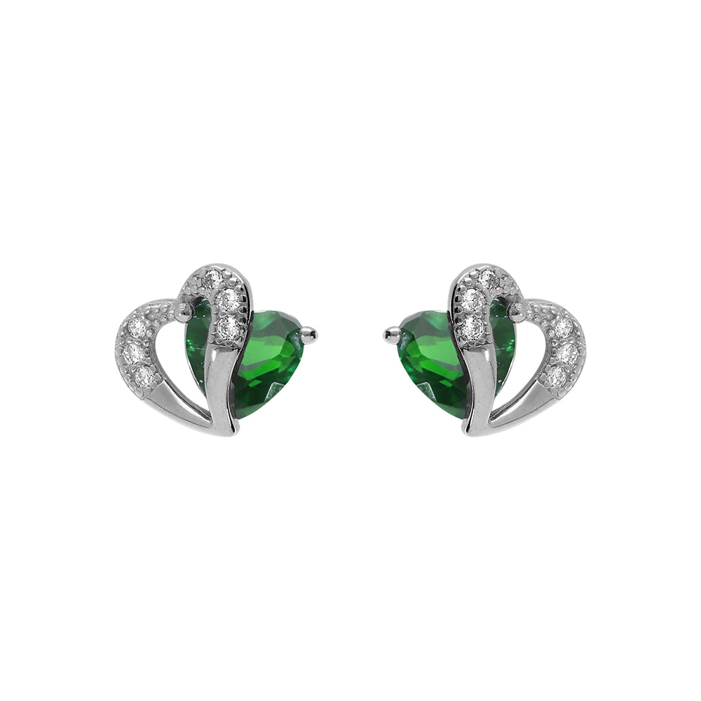 Boucles d\'oreille tige en argent rhodi� double coeur oxyde vert et blancs - Vue 1