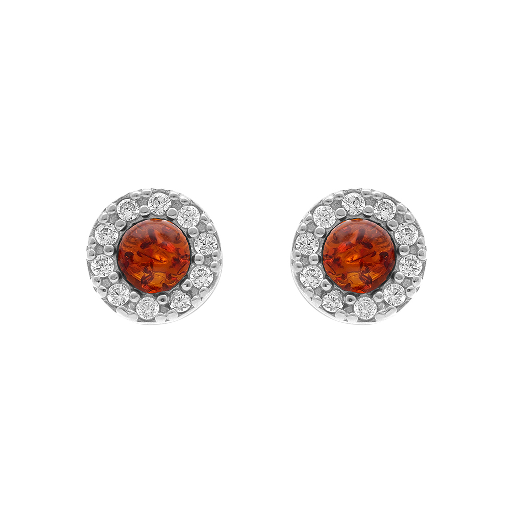 Boucles d\'oreille tige en argent rhodi� et ambre v�ritable avec contour d\'oxydes blancs - Vue 1