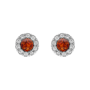 Boucles d\'oreille tige en argent rhodié et ambre véritable avec contour d\'oxydes blancs - Vue 1