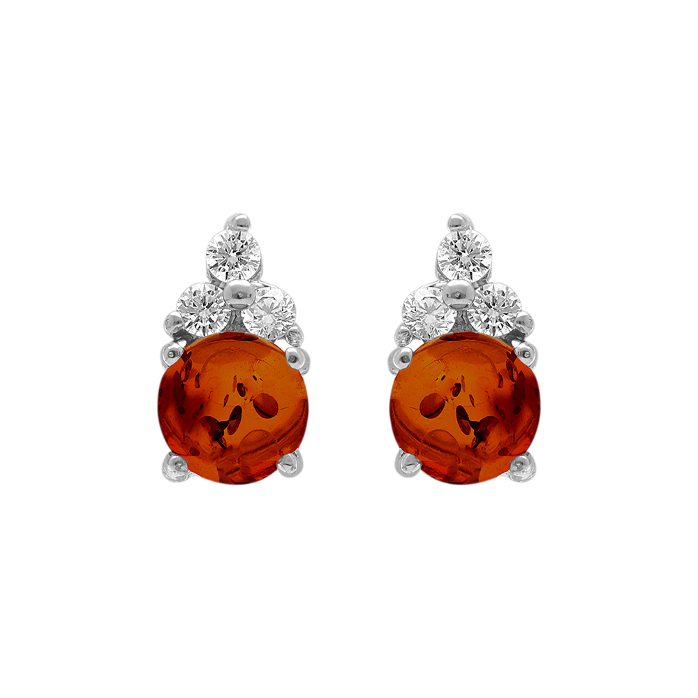 Boucles d\'oreille tige en argent rhodi� et ambre v�ritable avec 3 oxydes blancs - Vue 1