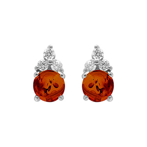 Boucles d\'oreille tige en argent rhodi et ambre vritable avec 3 oxydes blancs - Vue 1