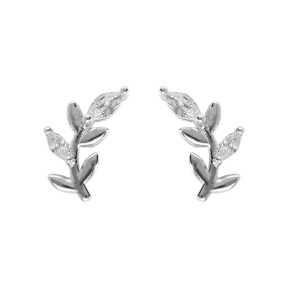 Boucles d\'oreille tige en argent rhodi� feuillage avec oxydes blancs sertis - Vue 1