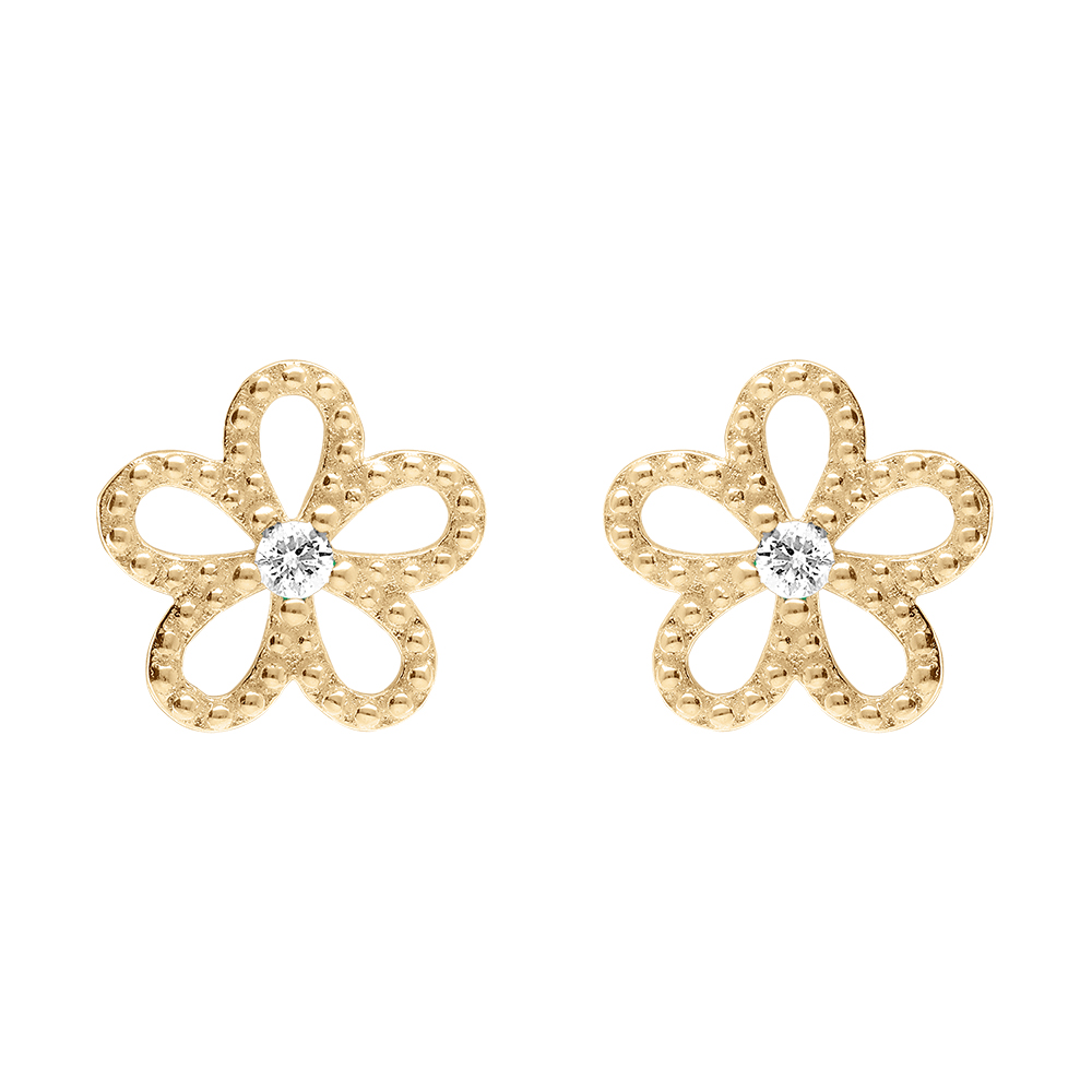 Boucles d\'oreille tige en argent rhodi� fleur ajour�e par�e d\'oxydes blancs - Vue 1