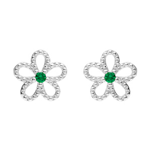 Boucles d'oreille tige en argent rhodi fleur ajoure pare d'oxydes blancs et oxyde vert central