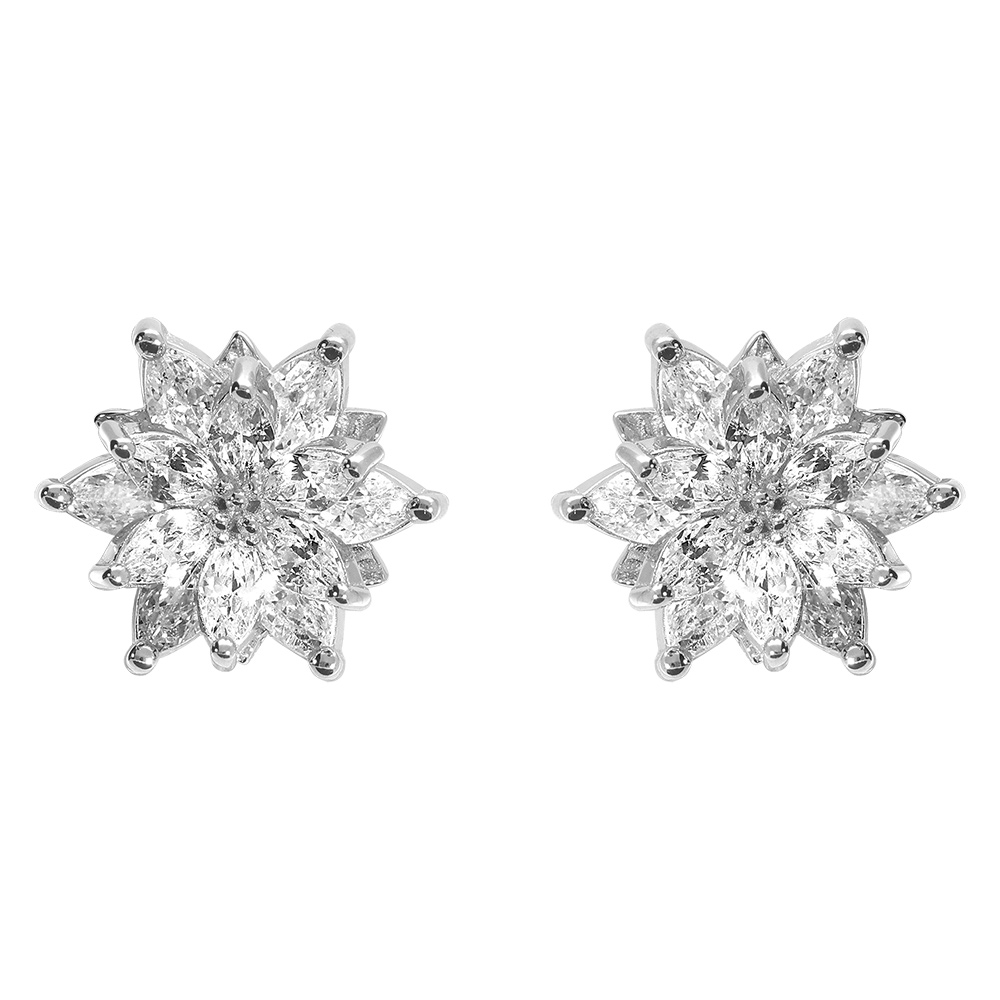 Boucles d\'oreille tige en argent rhodi� fleur d\'oxydes blancs sertis - Vue 1