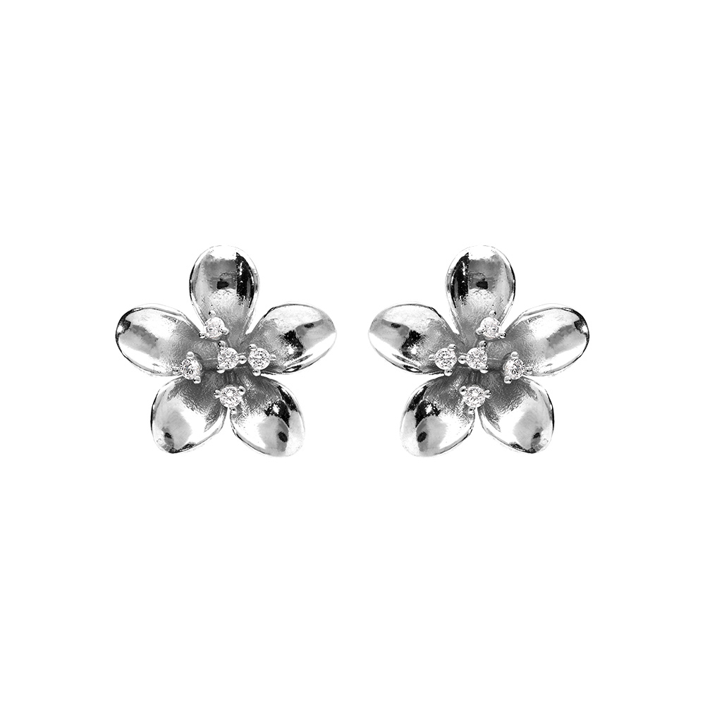 Boucles d\'oreille tige en argent rhodi� fleur et oxydes blancs sertis - Vue 1