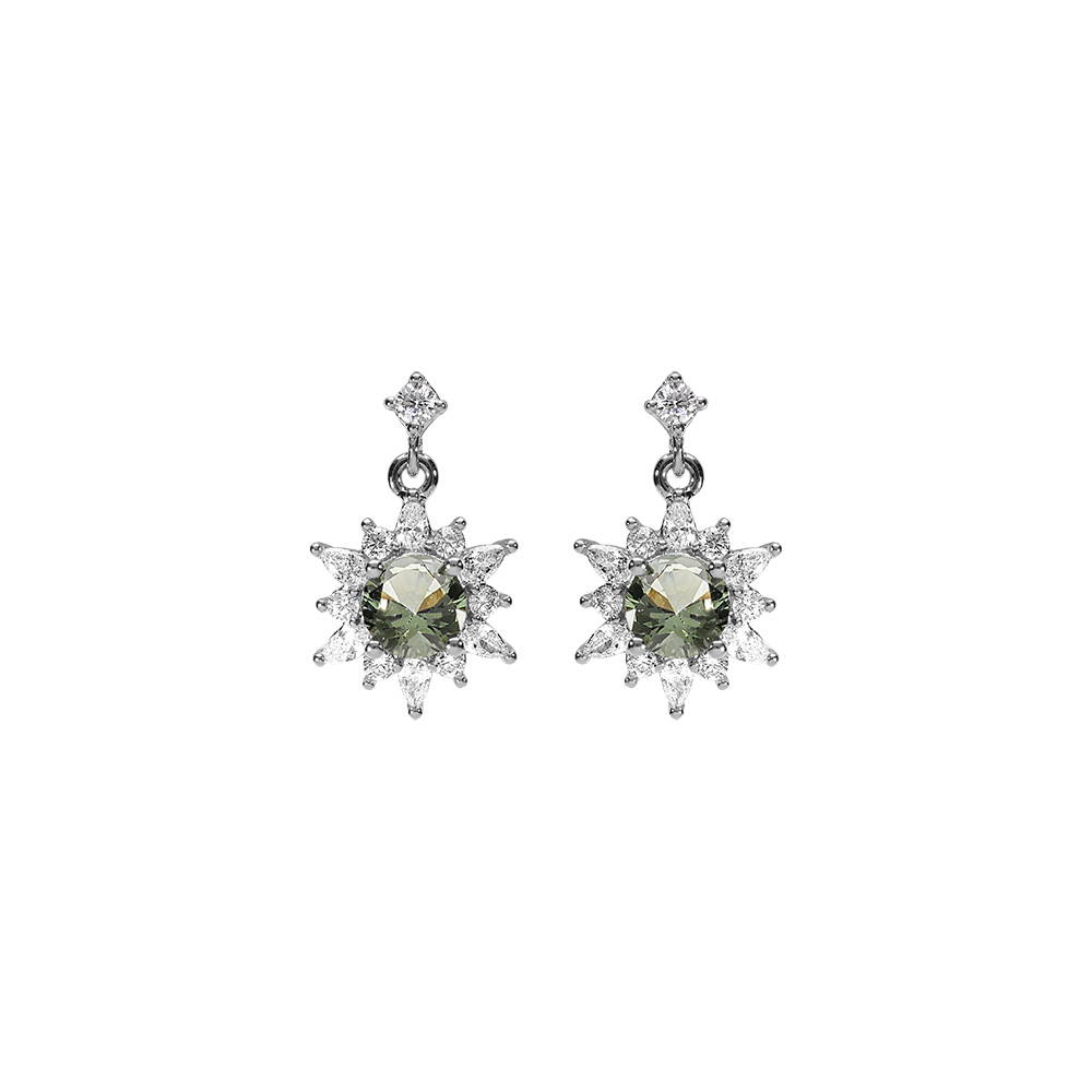 Boucles d\'oreille tige en argent rhodi� fleur oxyde vert clair et contour oxydes blancs - Vue 1