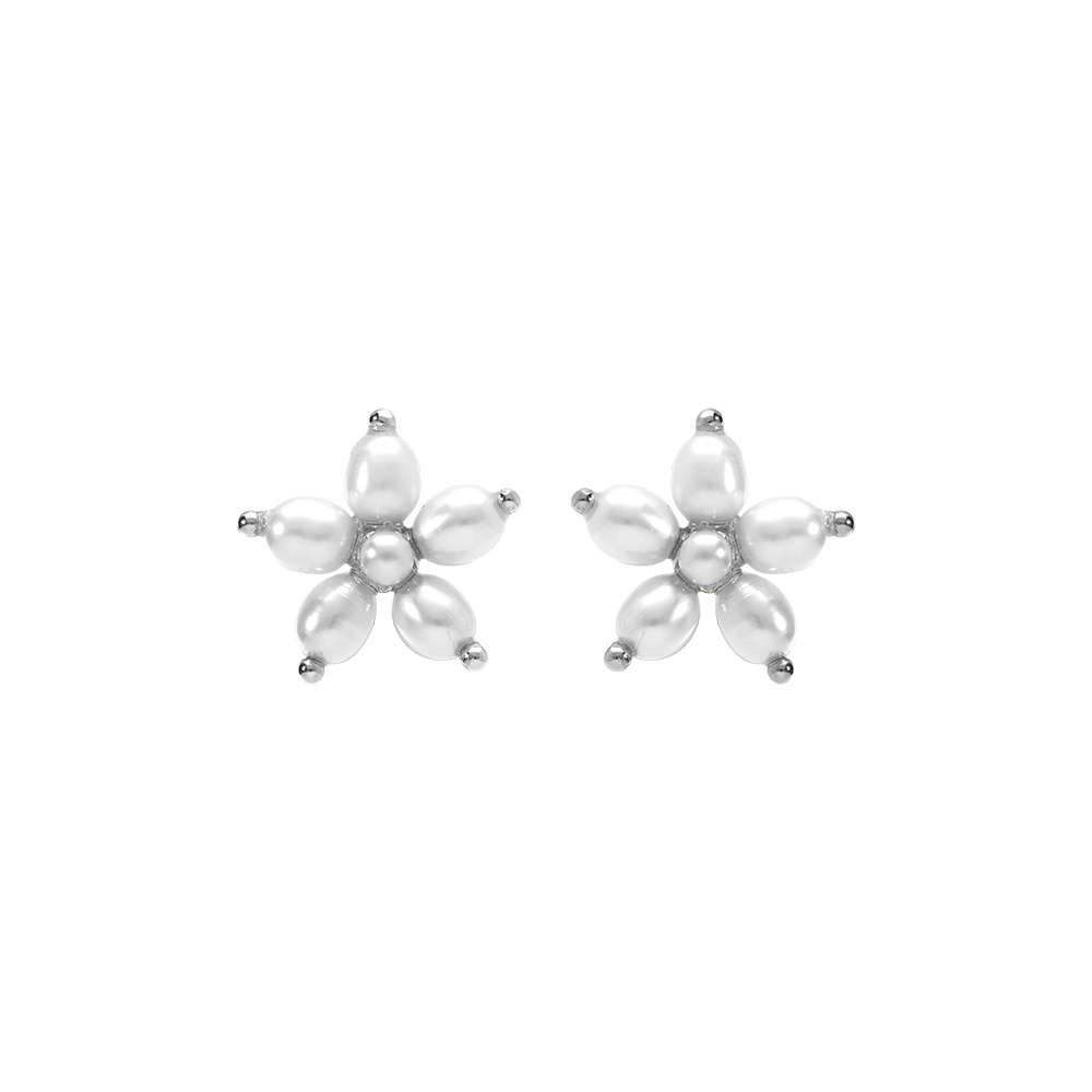 Boucles d\'oreille tige en argent rhodi� fleur perles blanches imitation - Vue 1