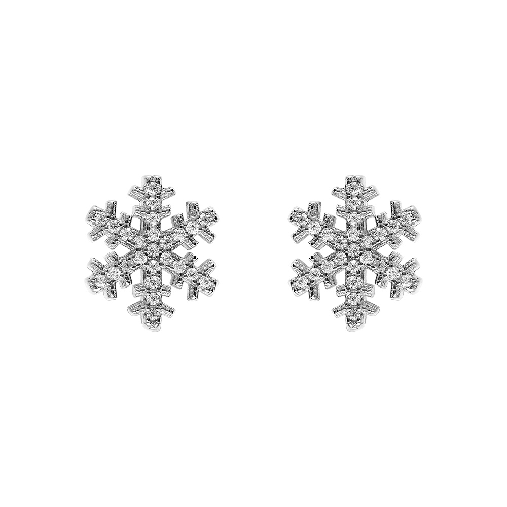 Boucles d\'oreille tige en argent rhodi� flocon de neige  d\'oxydes blancs sertis 0.8mm - Vue 1