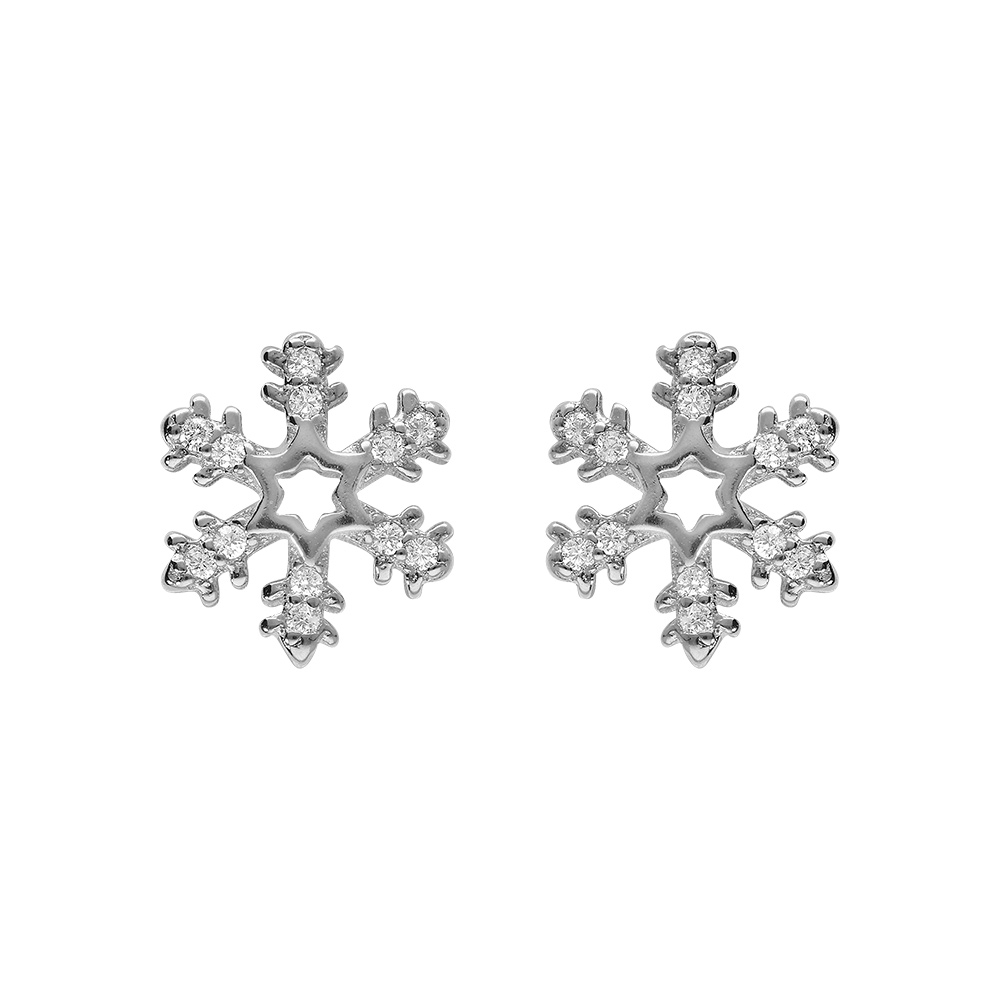 Boucles d\'oreille tige en argent rhodi� flocon de neige orn� d\'oxydes blancs sertis diam�tre 1cm - Vue 1