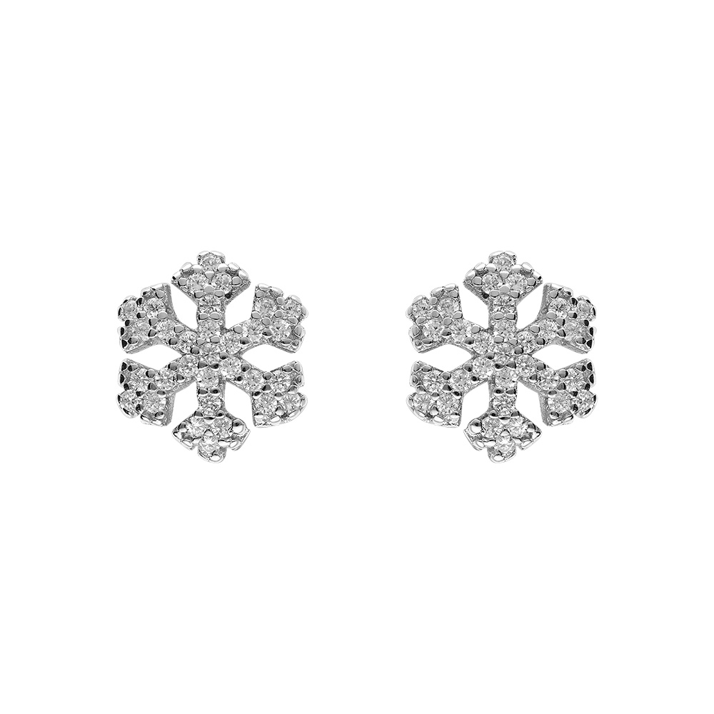 Boucles d\'oreille tige en argent rhodi� flocon de neige oxydes blancs sertis - Vue 1