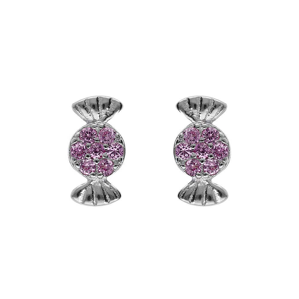 Boucles d\'oreille tige en argent rhodi� forme bonbon avec oxydes roses et blancs sertis - Vue 1