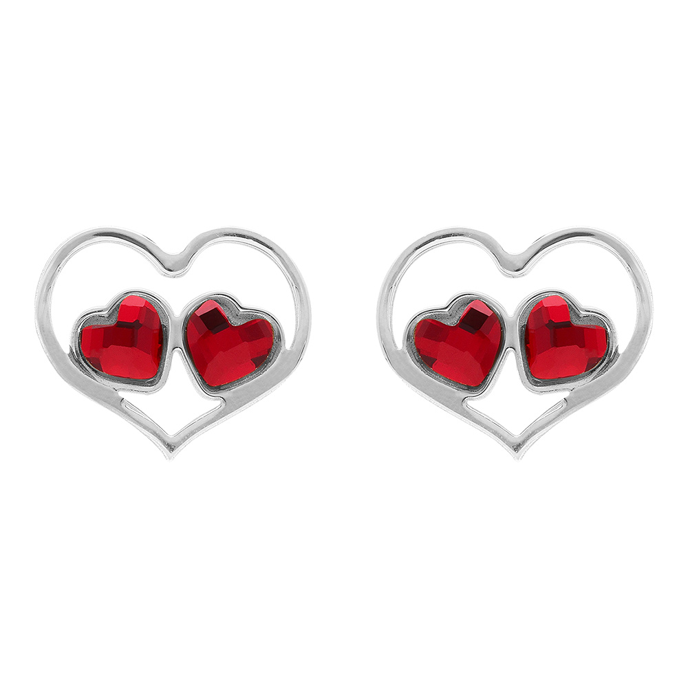 Boucles d\'oreille tige en argent rhodi� forme coeur ajour� et deux oxydes rouges - Vue 1