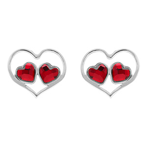 Boucles d'oreille tige en argent rhodi� forme coeur ajour� et deux oxydes rouges