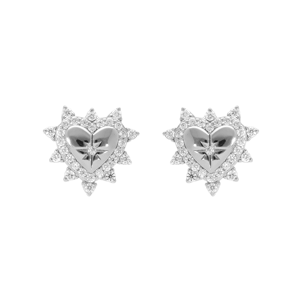 Boucles d\'oreille tige en argent rhodi� forme coeur avec etoile du nord au contour d\'oxydes blancs sertis - Vue 1